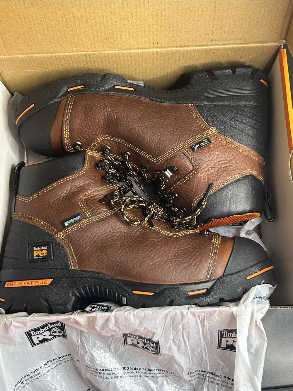 Timberland PRO Men's Brown and Black Leather Work Boots with Orange Accents